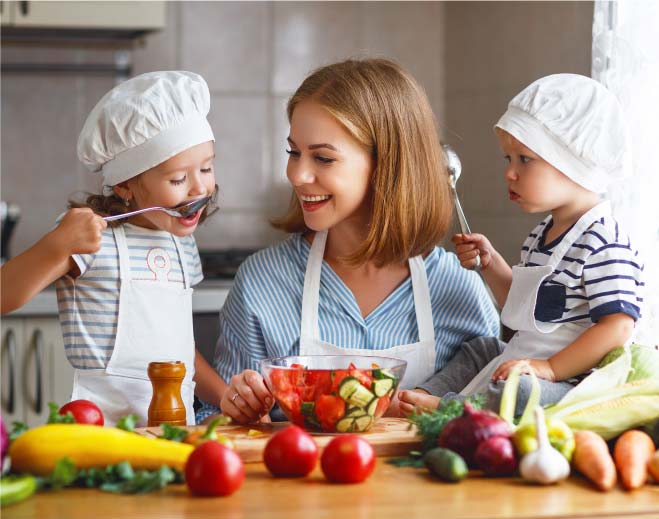 mother cooking with children
